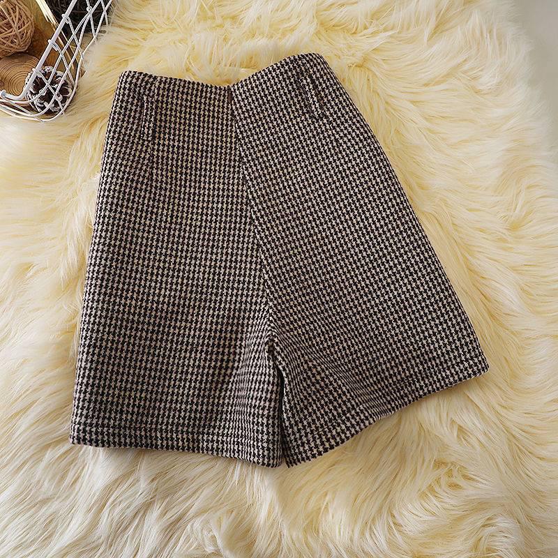Pantaloni scurți A-line din lână cu picior de cocoș cu talie înaltă în stil coreean - Modă versatilă de iarnă pentru femei