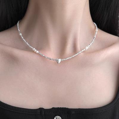 Light Luxury Niche High Sense Fashion Pearl Broken Silver Heart Necklace Female Collarbone Chain Necklace