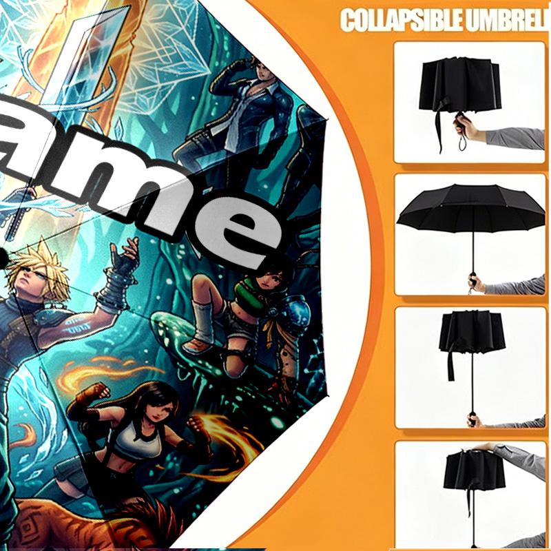 Custom Name Personalized Final Fantasy Print Umbrella, Auto Open Close, 8‑Rib Sturdy Frame, Commute Camping Hiking Use, Birthday Gift