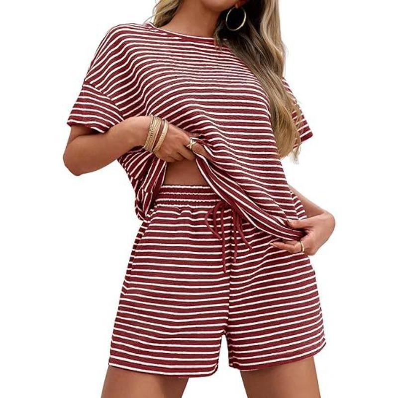 Women Striped Two Piece Outfit, Short Sleeve Top and Shorts Set, Fashion Casual Outerwear Summer Matching Suit