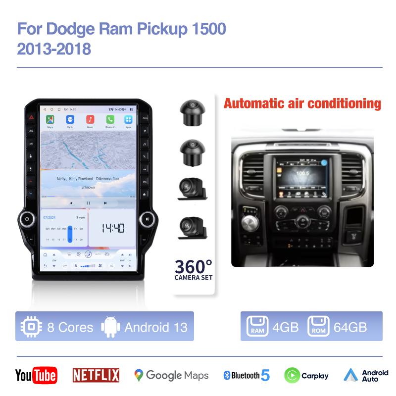 14.5inch Android13 Car Multimedia Video Player For Dodge Ram Pickup 1500 2013 - 2018 GPS Navigation Radio Carplay 4G wifi 360