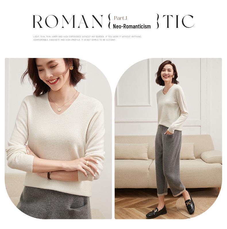 Leka Sha Women's Cashmere V-Neck Sweater, Autumn/Winter Long Sleeve, Slimming Fit, Elegant Wool Base Layer 2026