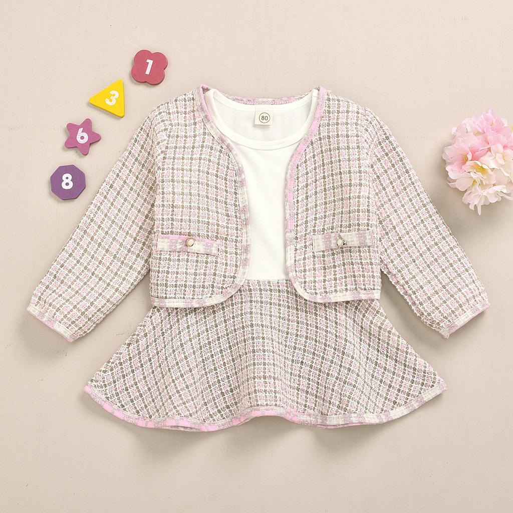 Toddler Baby Girls Long Sleeved Cardigan Tops Coat+Pocket Tank Dress Set Outfits