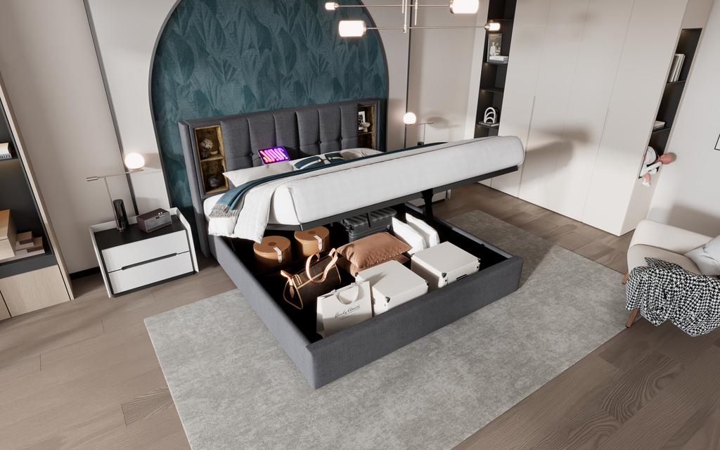 Double Bed with Wireless Charging USB C, Upholstered Bed Frame 160x200cm, Bed Frame with Storage Slatted Frame made of Wood-Grey Cotton (No Mattress)