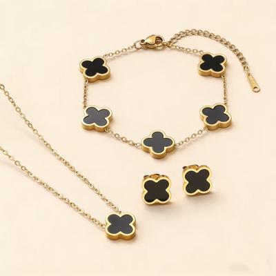 Four-Leaf Clover Jewelry Set: 18K Gold Titanium Steel Bracelet, Necklace, & Earrings