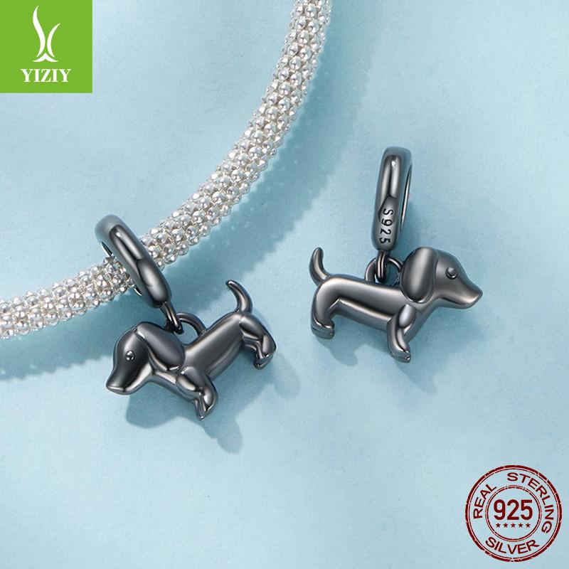 Black Dachshund Diy Pendant Accessories, Cute Animal S925 Sterling Silver Plated With Black Gold Beads.