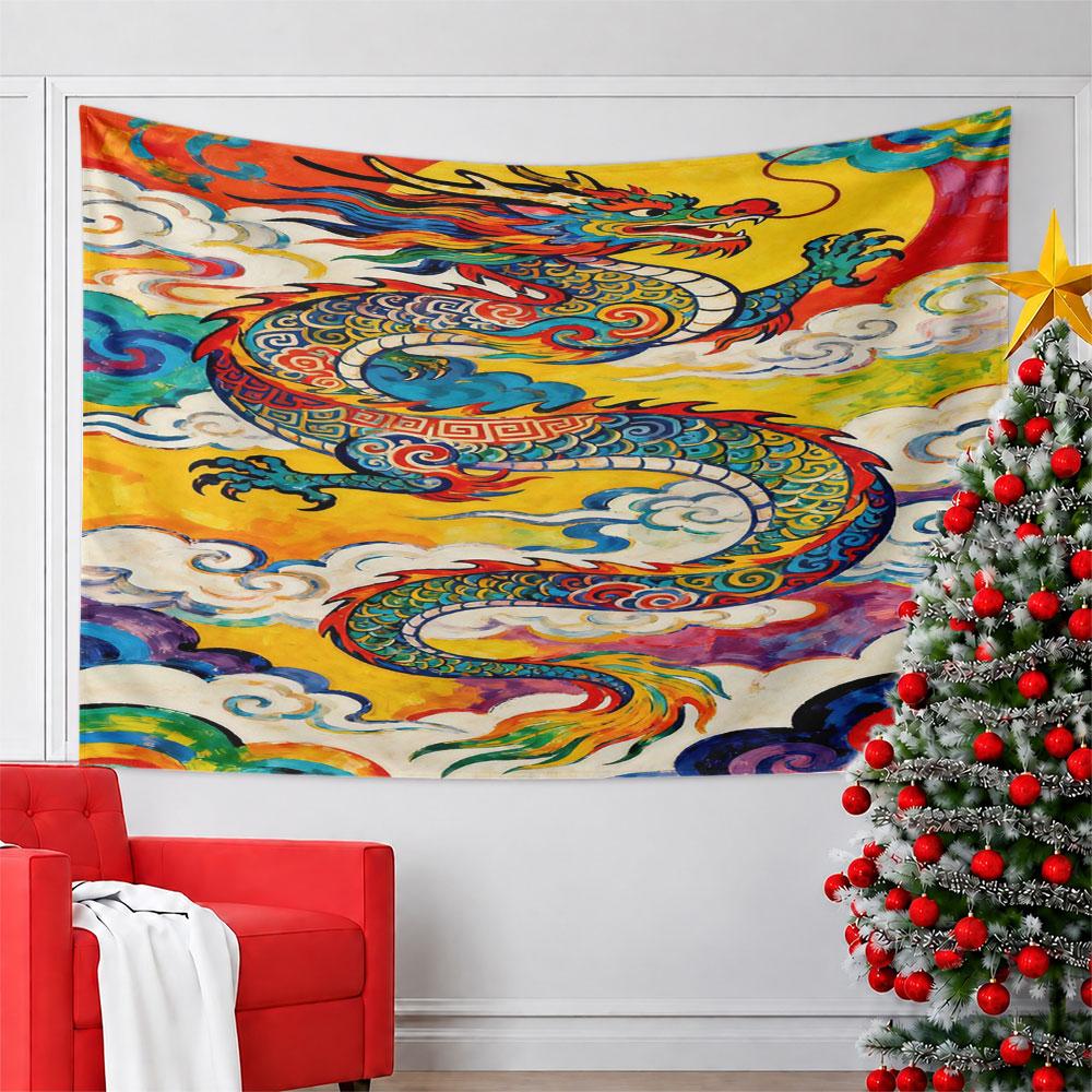 Colorful Chinese Dragon In Clouds Pattern Wall Hanging Tapestry Decorative Tapestry Home Decor for Bedroom and Living Room