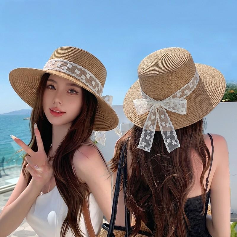 Summer Straw Hat With Lace Ribbon Large Brim Sun Protection For Beach Vacation Women