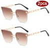 2pcs Fashion Rimless Large Cat Eye Sunglasses Women Gradient Brown Cutting Lens Sun Glasses For Female Alloy Eyeglasses UV400