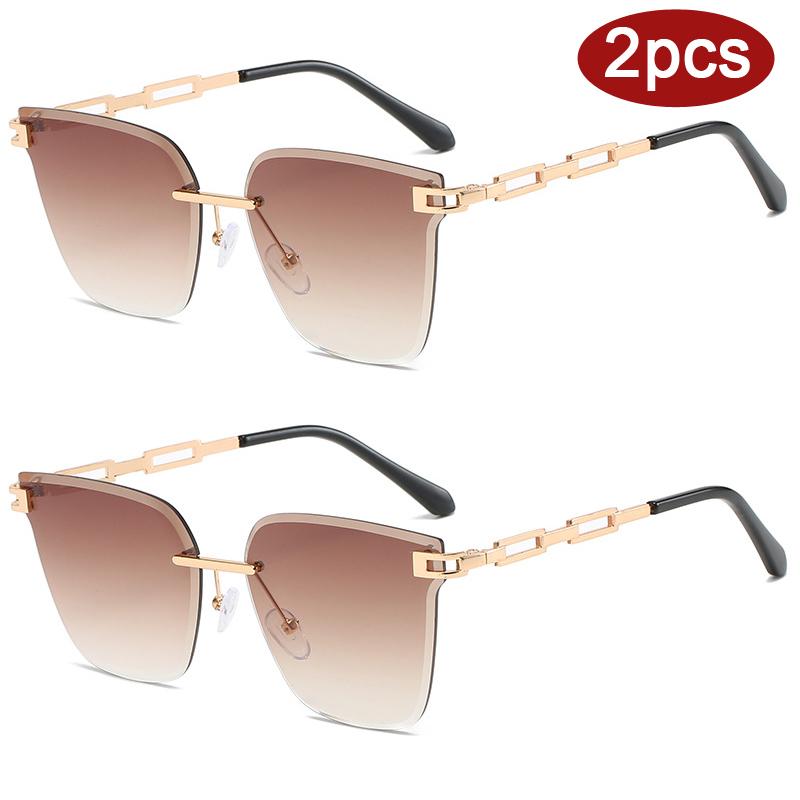 2pcs Fashion Rimless Large Cat Eye Sunglasses Women Gradient Brown Cutting Lens Sun Glasses For Female Alloy Eyeglasses UV400