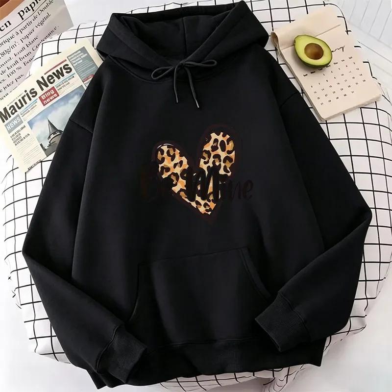 Autumn Winter Fashion Top Women Love Heart Leopard Print Hoodie Casual Hooded Sweatshirt Women Long Sleeve Casual Aesthetic Top