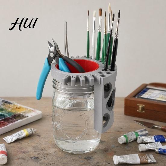 Brush Holder Rack Mason Jar Paintbrush Holder, 2 in 1 Rinse Cup Lid And Drying Elastic Card Slot Stand, Slots for Art Brushes, Rust-Free Pen Fits Wide