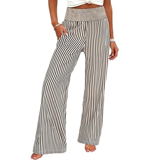 Women Wide Leg Pants Striped Pants, Summer Elastic Waist Casual Soft Lounge Trousers, Breathable Loose Fit Palazzo with Pockets