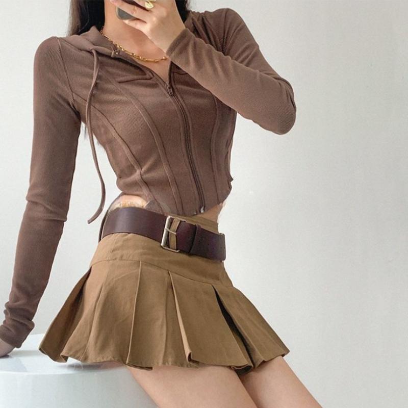 European and American Hooded Zipper Cardigan Women's Spring Retro Slim Fit and Slimming Sports Jacket Short Cut Exposed Navel Long Sleeved Top