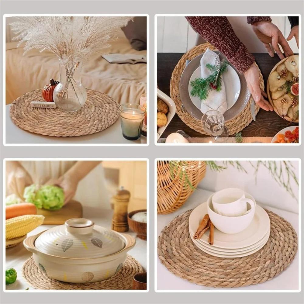 Straw Braided Round Handwoven Rattan Placemats Non-Slip Heat Resistant Heat Insulation Mats Woven Placemats Home Decoration