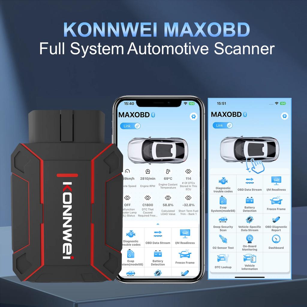 2026 MAXOBD KONNWEI Nástroj pro diagnostiku závad celého systému automobilu OBDII Hloubkové skenování Bluetooth připojení Monitorovací systém OBD2 Skenovací nástroj