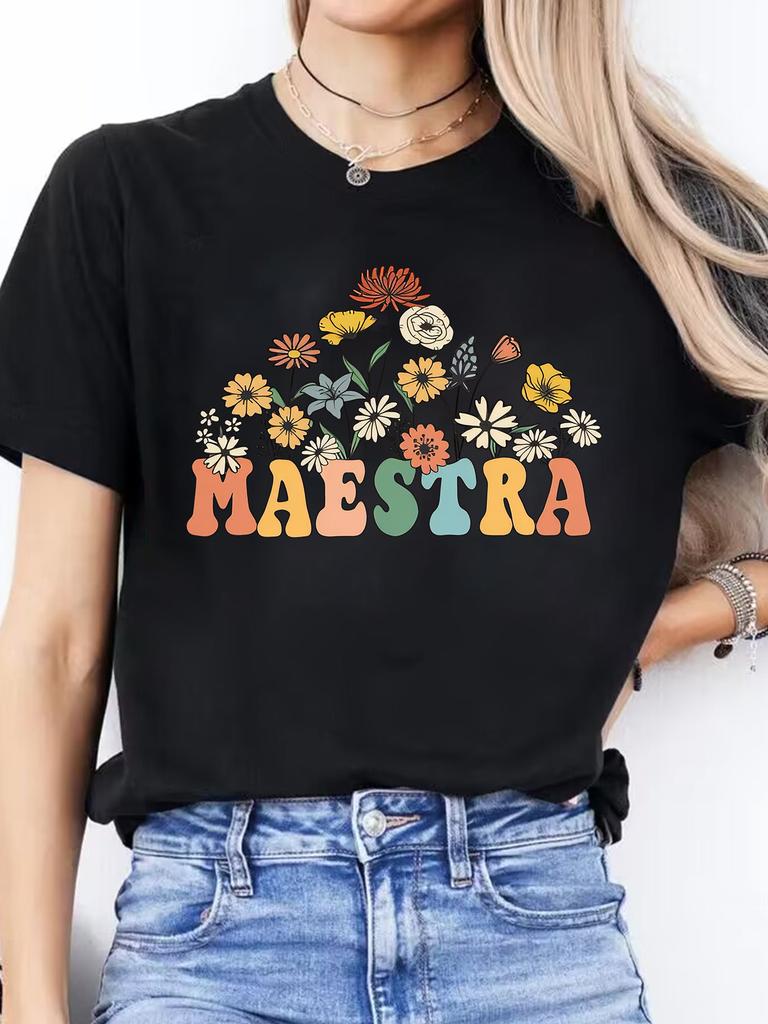 Spanish Alphabet Print Spring and Summer Casual T-Shirt Round Neck Short-Sleeved Sports T-Shirt Women'S Top