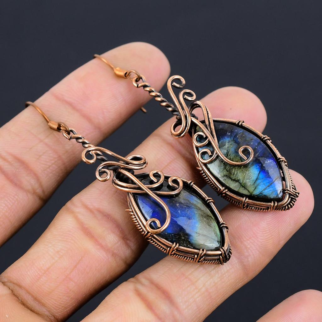 Labradorite 999 Copper Wire Wrapped Earrings, Handmade Gemstone Earrings Jewelry, Gifts For Wife Brand New Earrings