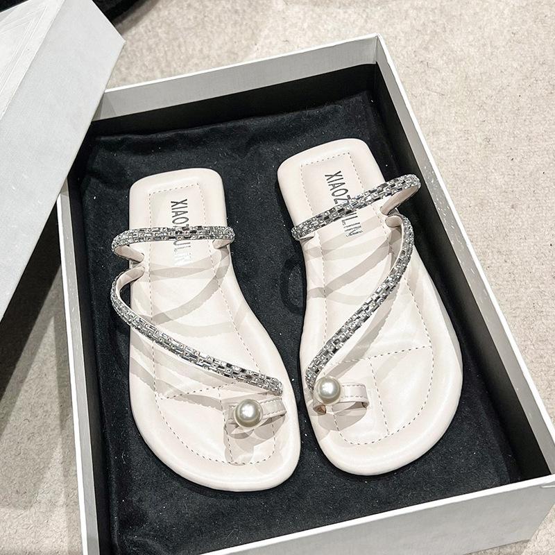 

Повседневные тапочки на плоской подошве в отпускном стиле, женская уличная обувь, лето 2025, новые крутые тапочки с жемчугом и стразами 35 бежевый