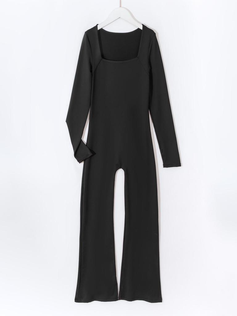 2024 European & American Solid Color Seamless Long Sleeve Yoga Jumpsuit with Flared Pants
