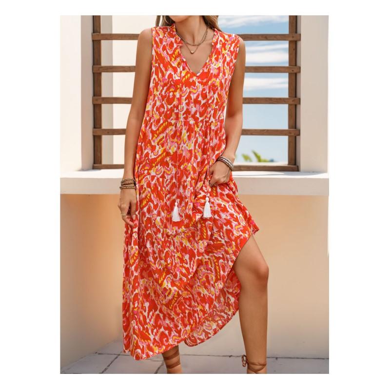 2025 Mode neues Sommer Damen ärmelloses Kleid im böhmischen Stil mit Druck langer Rock für Damen