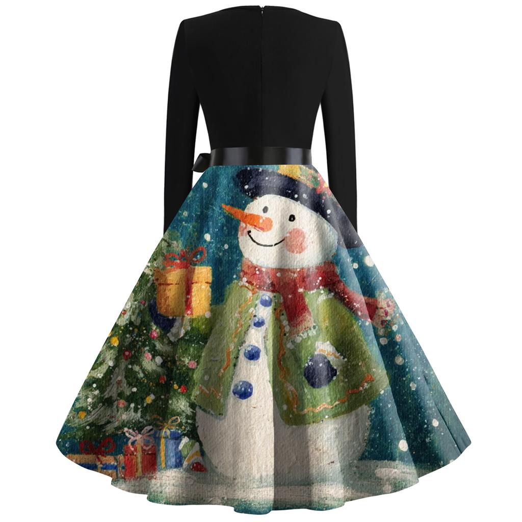 Dámské módní kulaté ležérní slim fit šaty s vánočním potiskem, velké kolové, s dlouhým rukávem