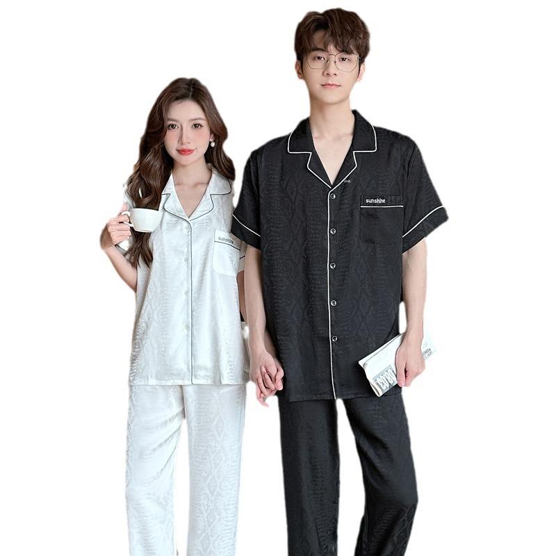 1011 New Ice Silk Couple Pajamas Women's Summer Short-sleeved Trousers Simple Suit Silk High-end Loungewear