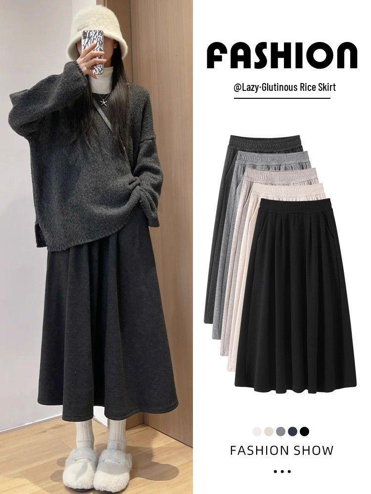 Women's Gray High-Waist A-Line Skirt - Spring/Autumn 2024, Slimming Mid-Length Umbrella Style for Students