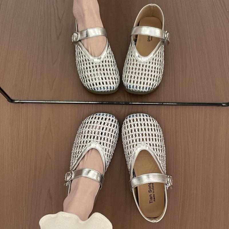 Mary Jane Fisherman Shallow Mouth Single Shoes Women's New Flat Bottom Mesh Hollow Woven Sandals Hole Small Leather Shoes