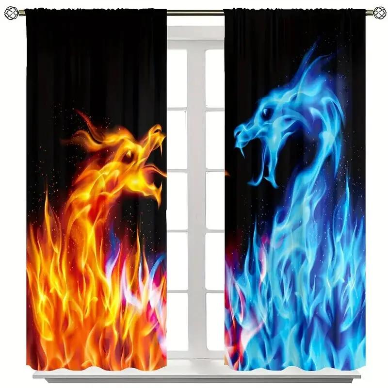 Blaue Eisflammen-Drachenmuster-Druckvorhänge Weihnachtsdekoration Wohnraum Aus Polyester gefertigt