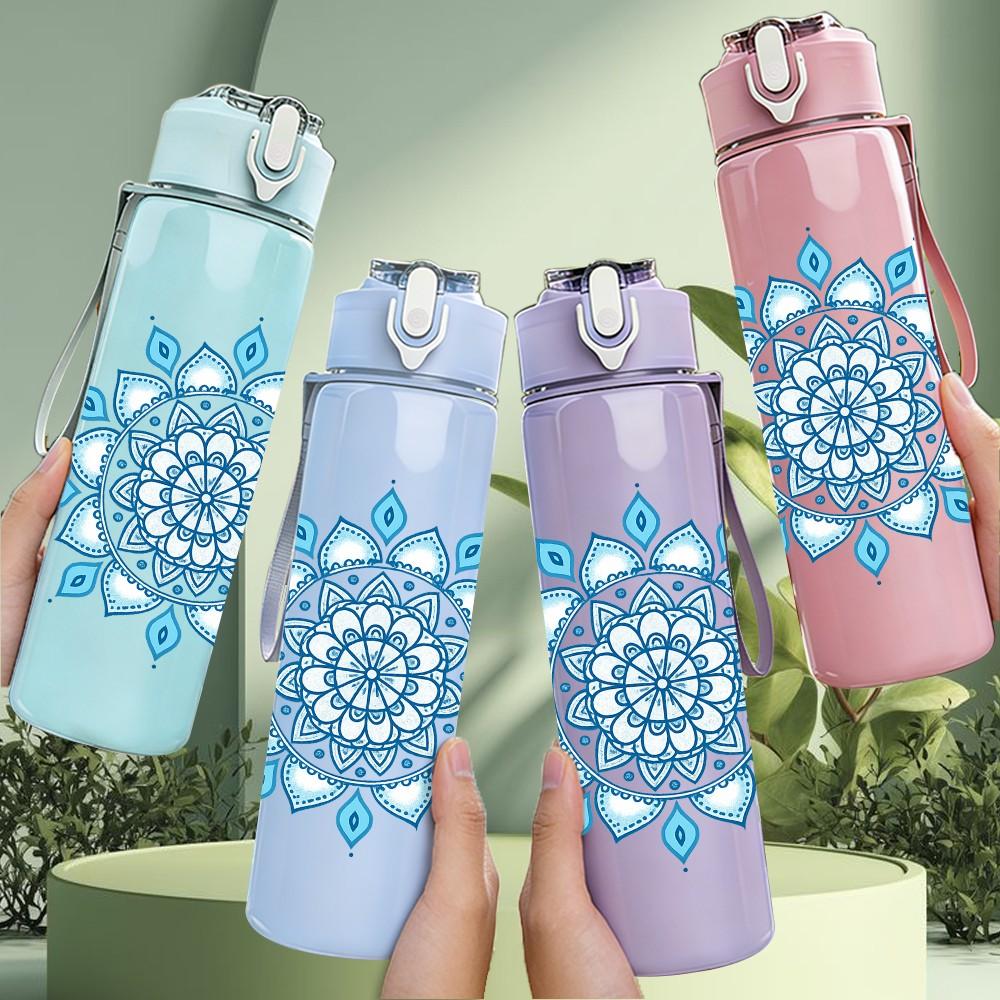 1PC Light Blue Mandala Flower 750ml Color Plastic Sports Water Bottle Leakproof Flip Straw Lid Suitable for Sports Office Home Use