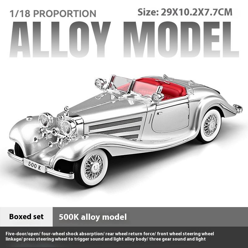 Large 1/18 Benz 500K Alloy Die Cast Classic Car Model Simulation Sound Light Retro Car Model Ornament Boy Gift Halloween Toys
