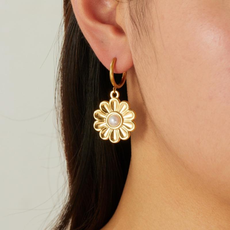 Gold Plated Stainless Steel Daisy Pearl Hoop Earrings for Women