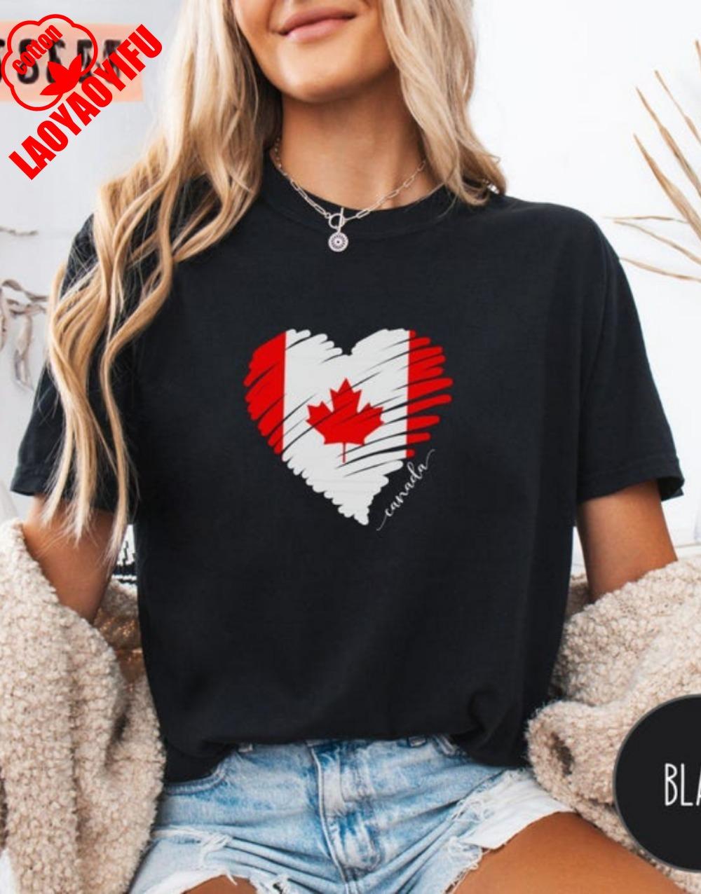 Canadian Flag Heart Cotton TShirt Proud Canadian Tee Canada Flag Shirt Love Canada Maple Leaf Vacation Tops Funny Canada Tshirt S