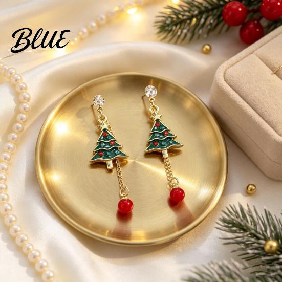 Winter Earrings 1 Pair Christmas Tree for Women, Colorful Rhinestone Shaped Women with Red Bead Charm, Holiday Jewelry Xmas Party Gold Tone Enamel