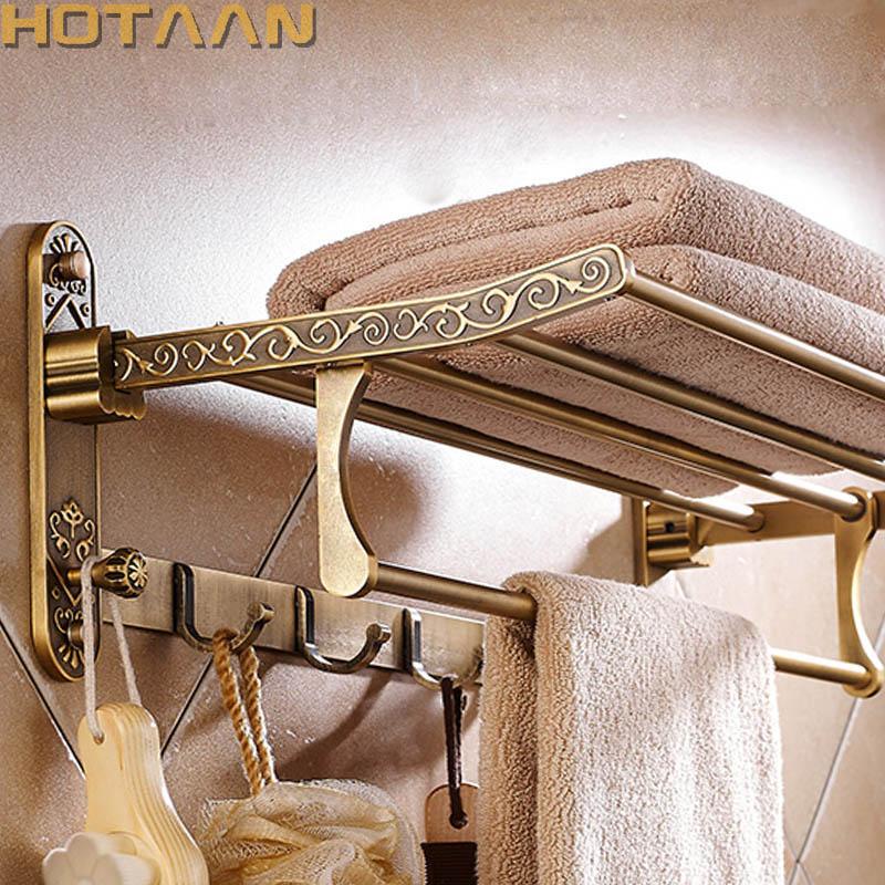 Faltbarer Handtuchhalter aus antiker Messing, Doppelregal Badezimmerhalter mit Haken, Platzsparende Badaccessoires zur Wandmontage