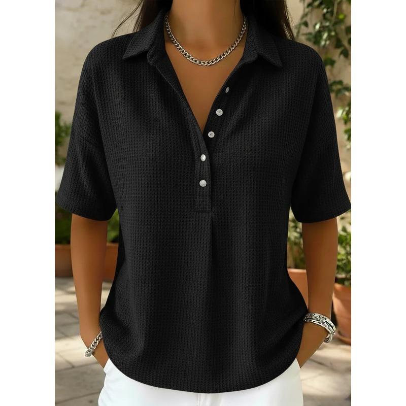 QICED Women's Fashion POLO Neck Short Sleeve Casual Blouses & Shirts Casual Chic