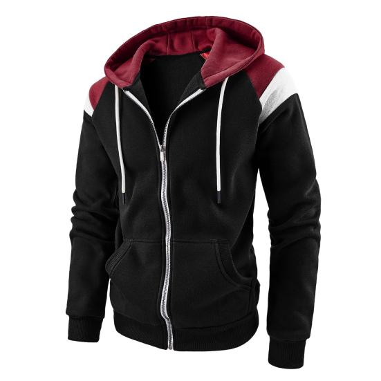 Men Autumn Coat Contrast Colors Hooded Hat Long Sleeves Pockets Warm Plush Drawstring Cardigan Spring Hoodie Coat for Daily Wear