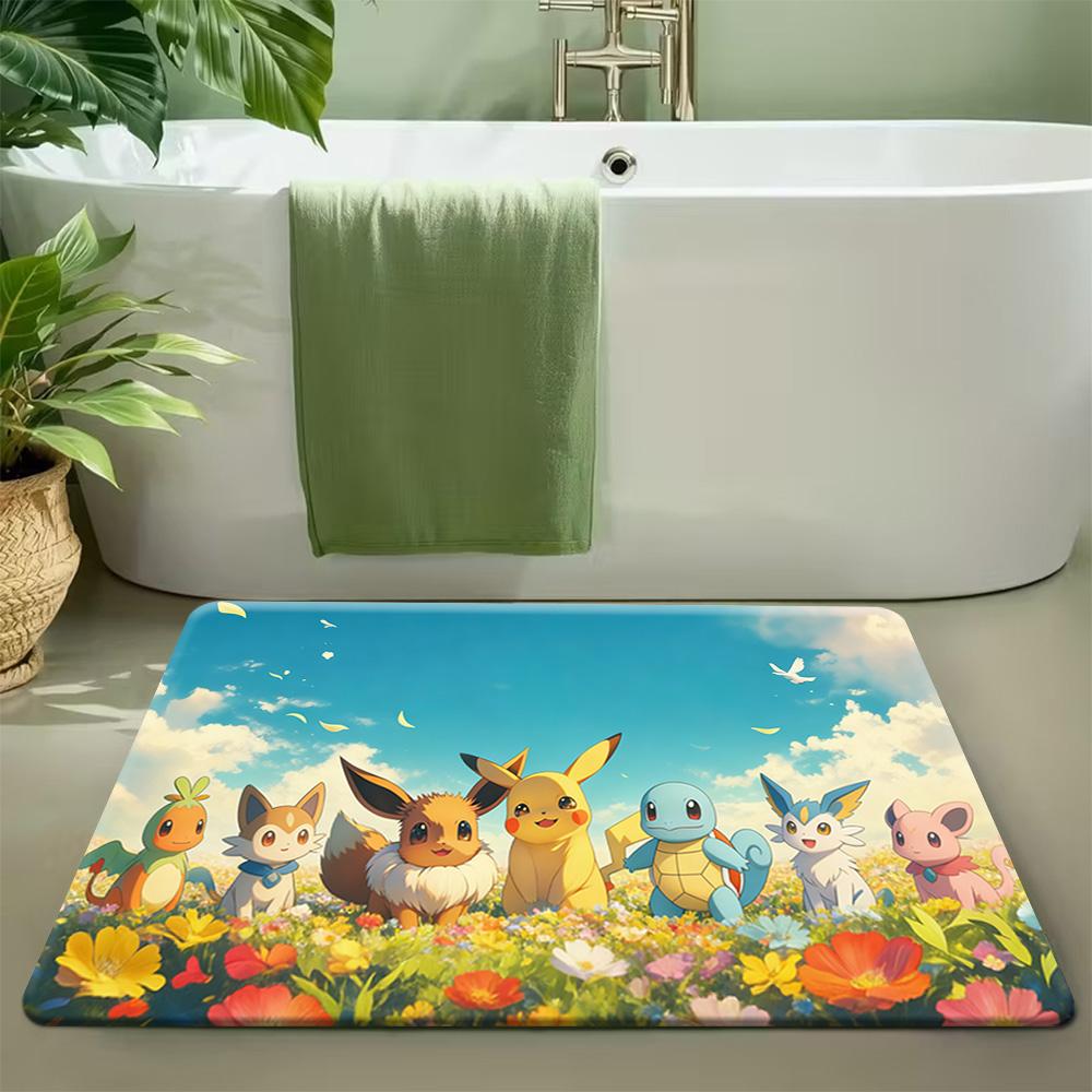 Cute Anime Pokemon Starters Forest Creek Scene Soft Non-Slip Absorbent Home Bathroom Entryway Decor Doormat Rug