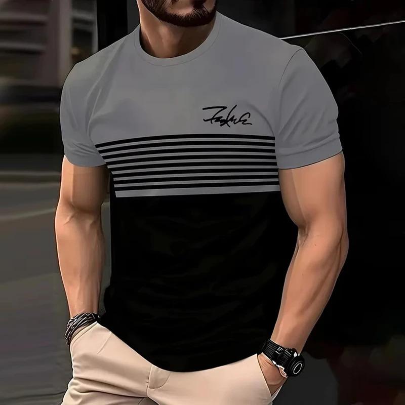 Fashionable Striped 3D Printed Short-sleeved T-shirt Spring/Summer Casual Collar Crew T-shirt Soft and Breathable T-shirt For