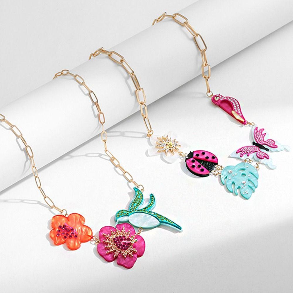 Insects Acrylic Flower Necklace Butterfly Flower Clavicle Chain Colorful Rhinestone Necklace  Gift