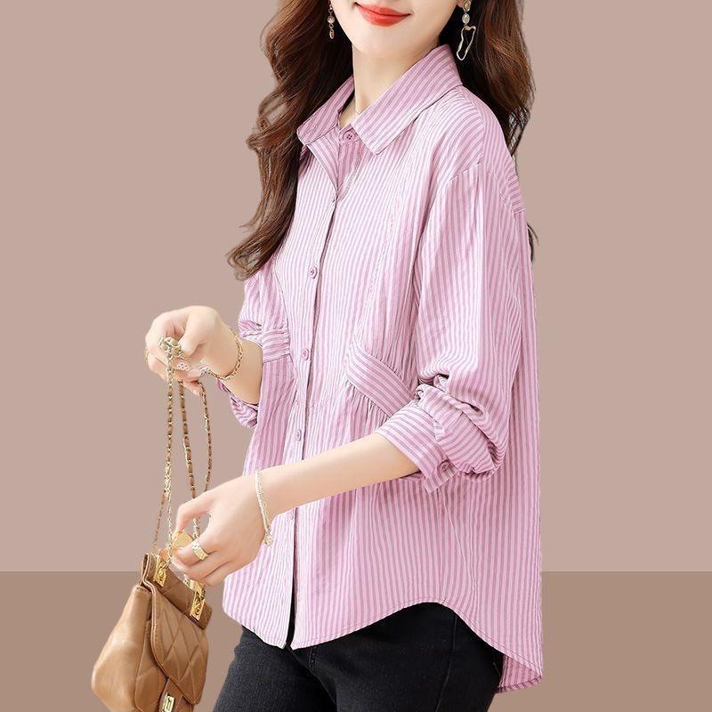 women striped button down shirt collared long sleeve casual loose fit blouse