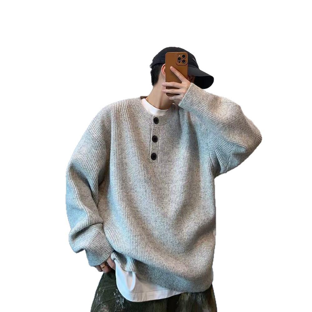 Men's Retro Henley Collar Knit Sweater - High-End Autumn/Winter Style