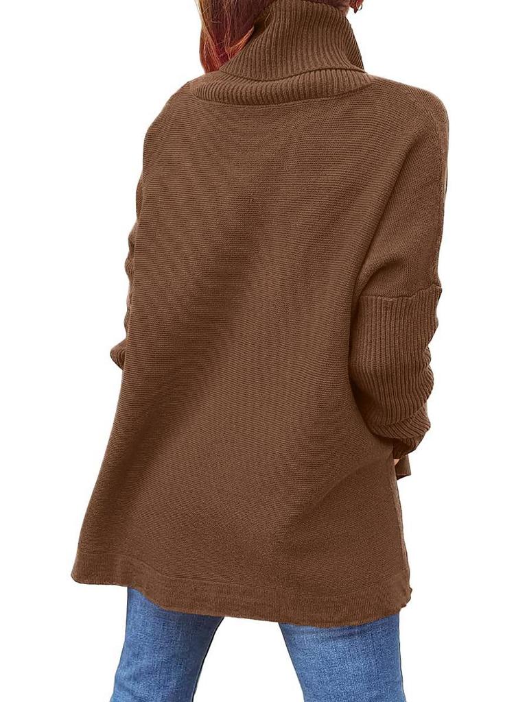 2024 Damen Hochhals Oversized Mittellanger Fledermausärmel Pullover mit Schlitzsaum und Taillengürtel