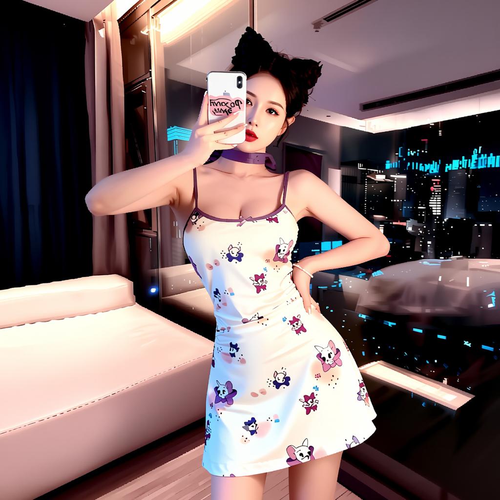 Cat print suspender nightdress chest pad women's summer sleeveless tight skirt sexy waist hip skirt