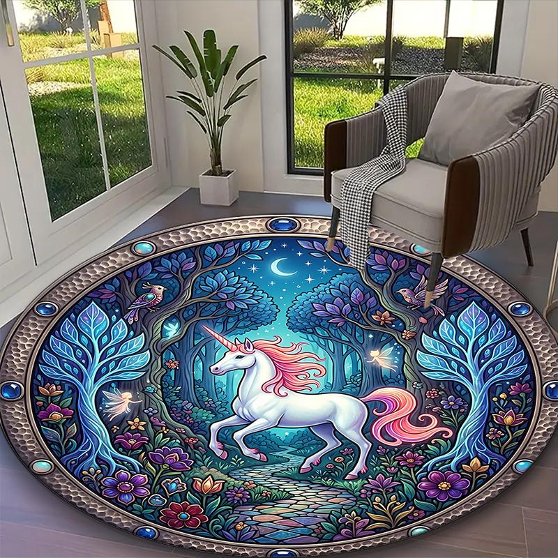[Autumnal Forest Unicorn Printed Carpet] Non-slip Office Rug, Cozy Round Carprt for Living Room Use, Soft Home Sofa Chair Mat