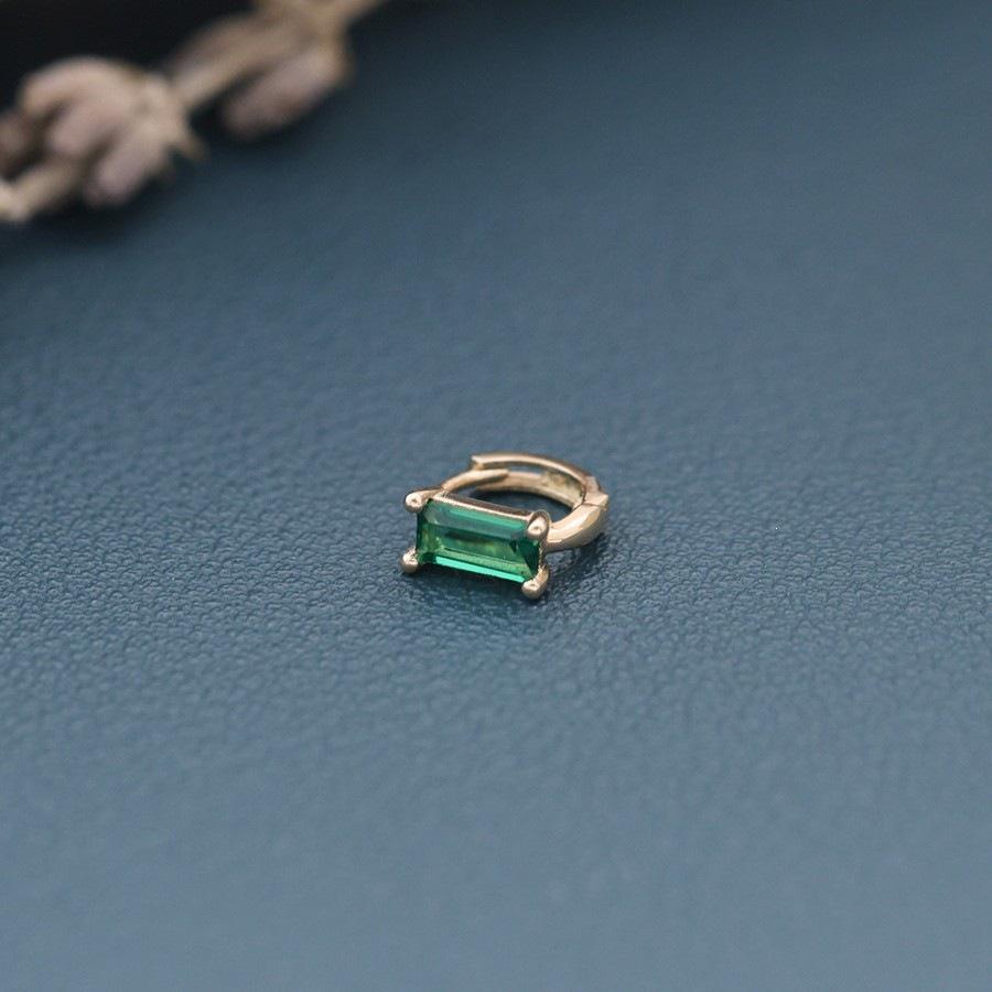 18K Gold-Plated S925 Sterling Silver Green Zircon Square Ear Cuff & Small Hoop Earrings Platinum Pair