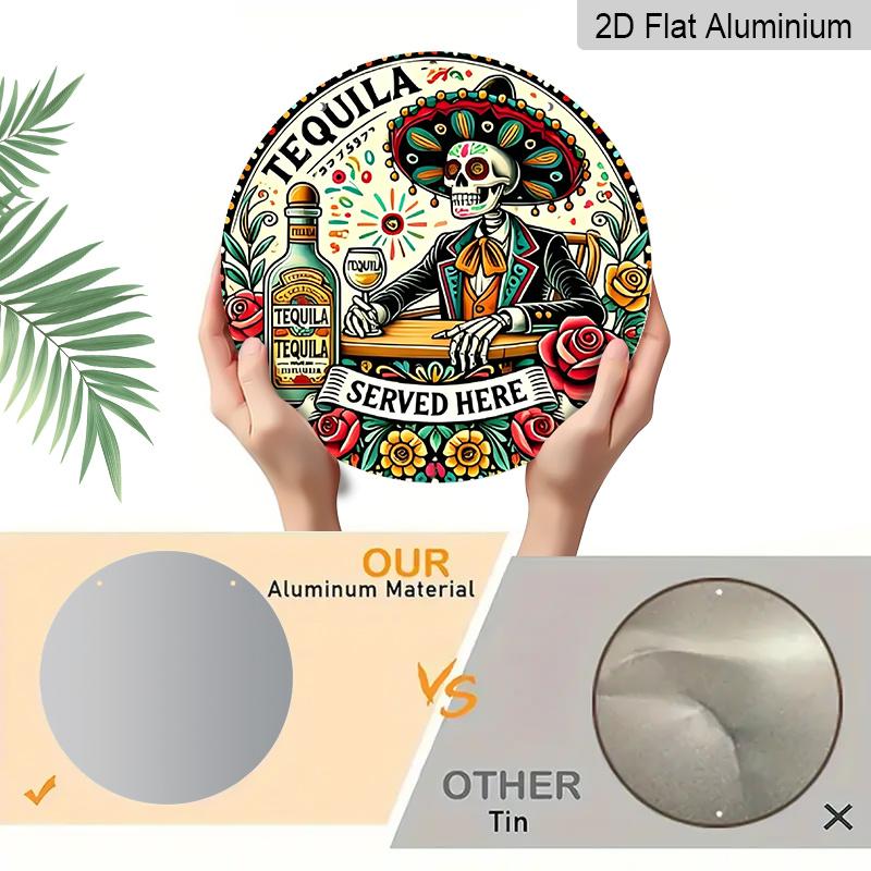 2D Flat, 1pc Round Aluminum Tequila Served Here Sign, Mexican Sugar Skull & Sombrero Metal Wall Art, Day of the Dead Style Tequila Bar Decor