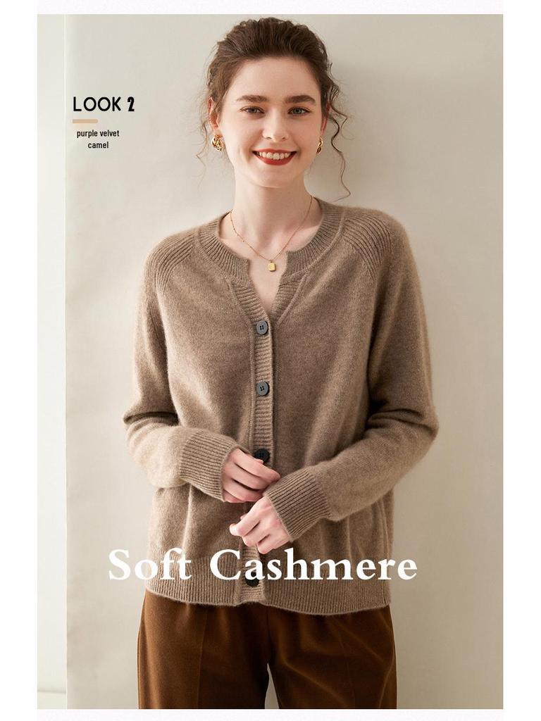 Women's Thick Cashmere Round Neck Raglan Sleeve Sweater Cardigan - Loose Fit, Autumn/Winter Versatile Outerwear