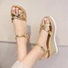 Fashion Gold Silver Pu Leather Wedges Sandals for Women Cross Band Crystal Ankle Buckle Party Shoes Thick Sole Chunky Platform Shoes